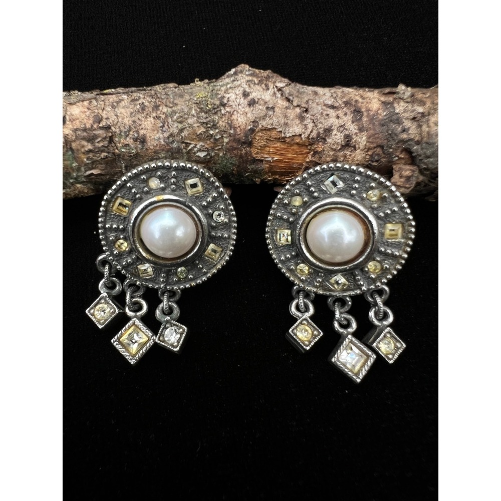 VTG Patricia Locke Swarovski Crystals Silver Tone Medallion Dangle Earrings